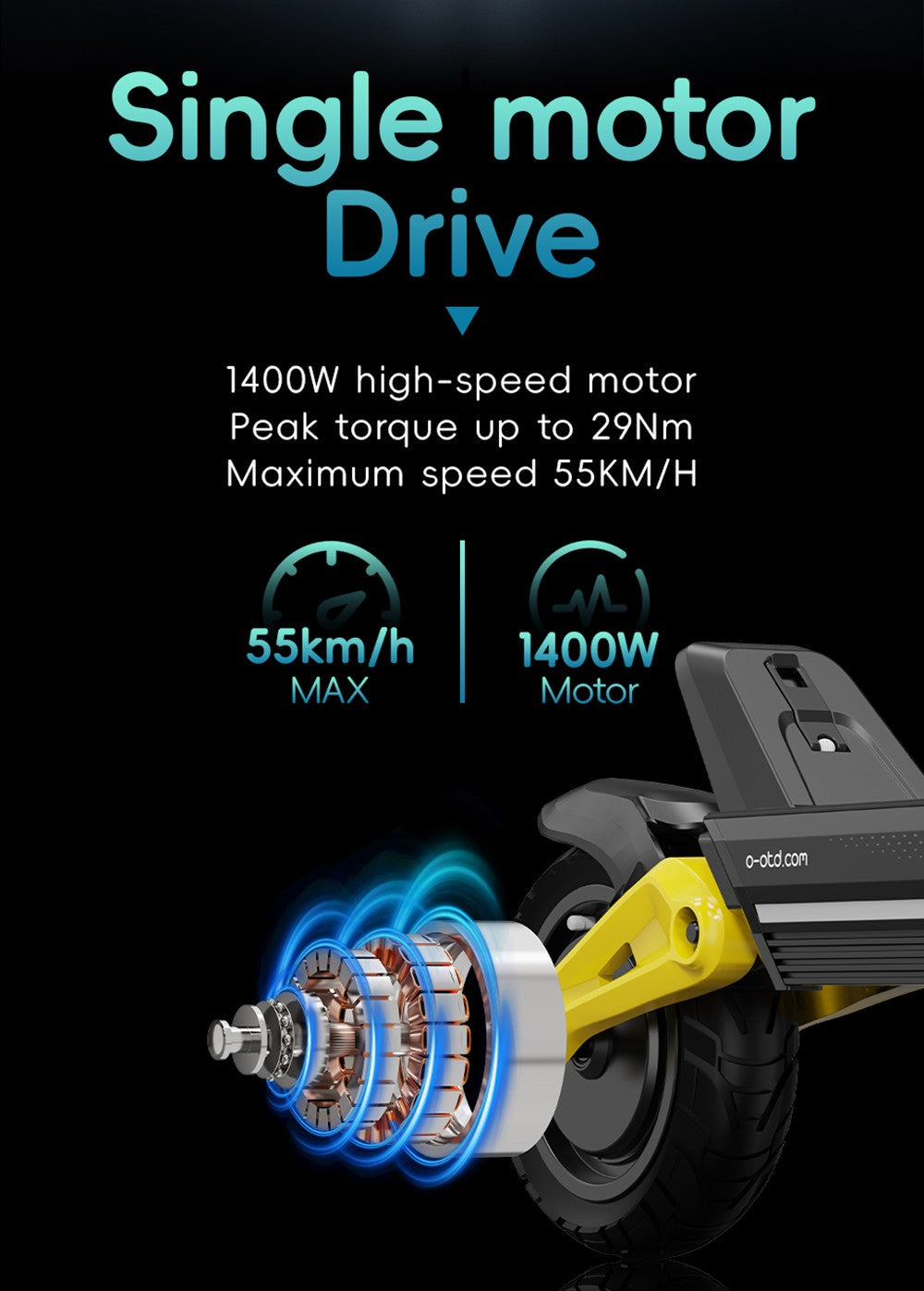Elektrická koloběžka OOTD S10, motor 1400 W, 10palcové pneumatiky, baterie 48 V 20 Ah, maximální rychlost 55 km/h, dojezd 60–70 km, kotoučová brzda, odpružení vpředu i vzadu