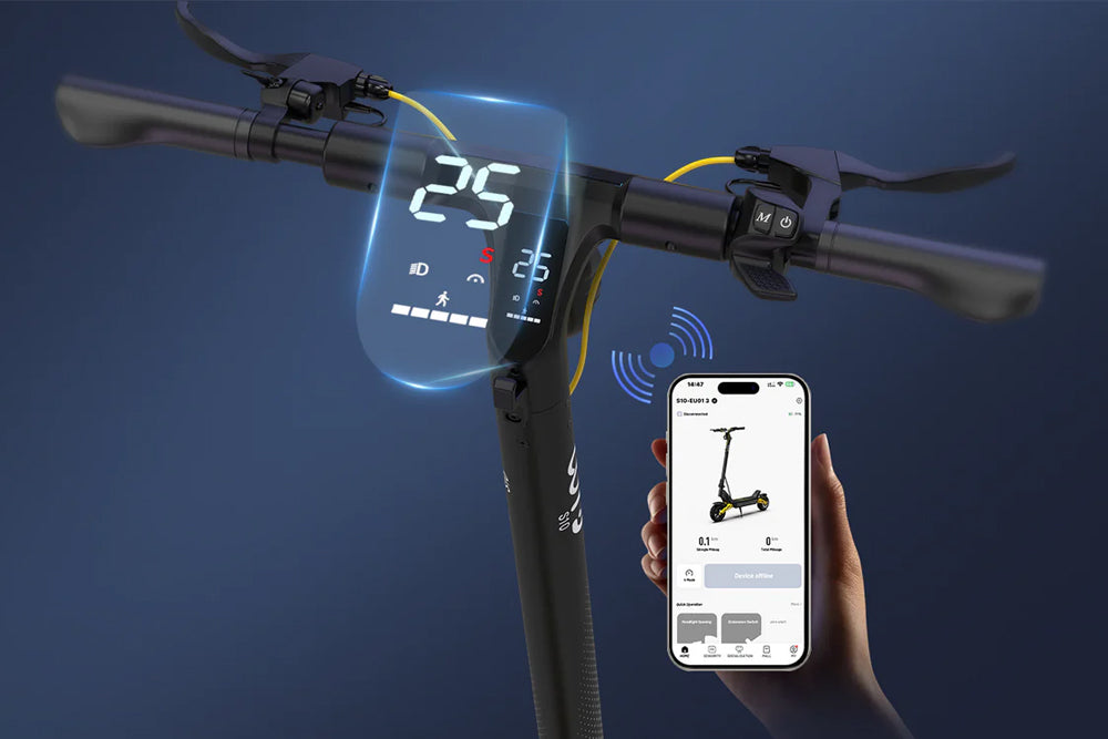 Skládací elektrická koloběžka OOTD S10, 10palcové pneumatiky, motor 1400 W, maximální rychlost 25 km/h, baterie 48 V 20 Ah, dojezd 60–70 km, maximální zatížení 120 kg, kotoučová brzda, tlumení nárazů, ochrana IPX4, aplikace - žlutá