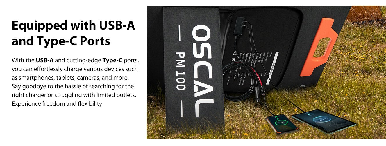 Skládací solární panel Blackview Oscal PM100, vodotěsný s krytím IP65, s konektorem Type-C QC3.0, USB výstupem a kabelem 5 v 1