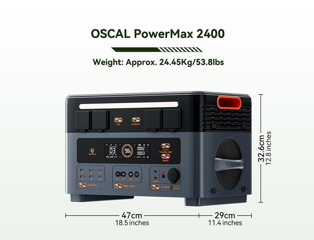 Přenosná elektrárna Oscal PowerMax2400 2400W 1872kWh, duální reproduktor, rychlé nabíjení za 1,2 hodiny, ovládání aplikací, LED světlo, 16 výstupů, UPS <0,01 s