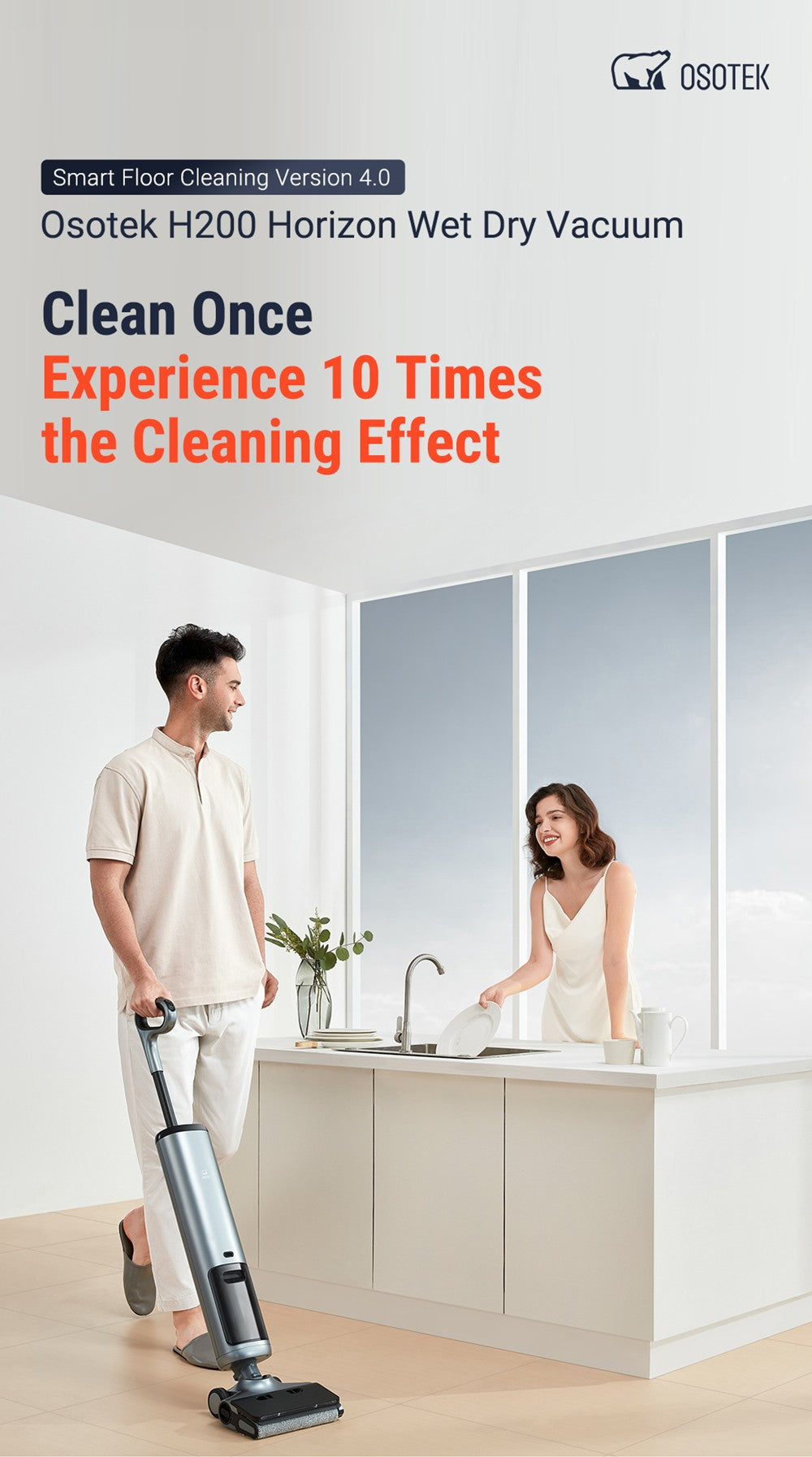 Mokro-suchý vysavač OSOTEK H200 Horizon, automatické samočištění, kapacita 4000 mAh, nádržka na čistou vodu 750 ml, inteligentní nastavení výkonu, doba provozu 35 minut, širší kartáčový válec