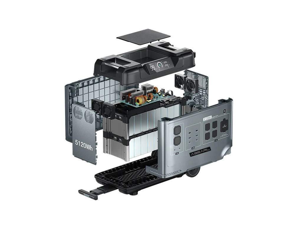 Přenosná elektrárna OUKITEL Abearl P5000, baterie LiFePO4 5120 W, 5x 2200 W AC zásuvek (přepětí 4000 W), bezproblémové zálohování UPS, 92% invertor, rychlé nabíjení AC 1800 W, duální 100 W USB-C, 15 výstupů, MPPT solární generátor pro venkovní i domácí použití, s kolečky