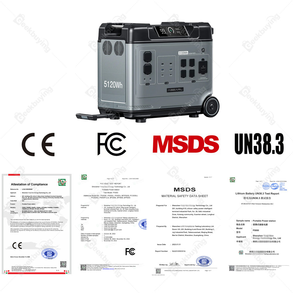 Přenosná elektrárna OUKITEL Abearl P5000, baterie LiFePO4 5120 W, 5x 2200 W AC zásuvek (přepětí 4000 W), bezproblémové zálohování UPS, 92% invertor, rychlé nabíjení AC 1800 W, duální 100 W USB-C, 15 výstupů, MPPT solární generátor pro venkovní i domácí použití, s kolečky