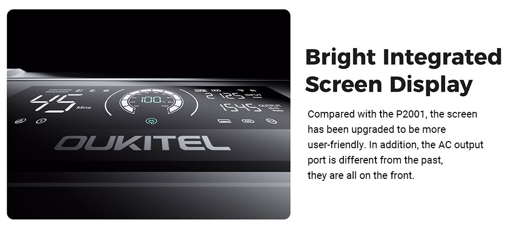 Přenosná napájecí stanice OUKITEL P2001 Plus, výstupní výkon 2400 W AC, baterie LiFePO4 2048 Wh, 13 zásuvek, nabití 80 % za 1 hodinu, chytré ovládání pomocí aplikace, nastavení výkonu 400 W/800 W/1200 W/1800 W, UPS 2000 W < 10 ms, max. solární vstup 500 W, krytí IP54 proti prachu a stříkající vodě