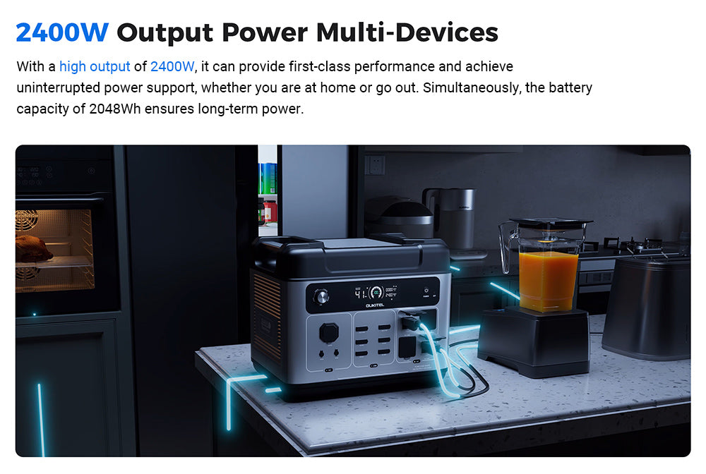 Přenosná napájecí stanice OUKITEL P2001 Plus, výstupní výkon 2400 W AC, baterie LiFePO4 2048 Wh, 13 zásuvek, nabití 80 % za 1 hodinu, chytré ovládání pomocí aplikace, nastavení výkonu 400 W/800 W/1200 W/1800 W, UPS 2000 W < 10 ms, max. solární vstup 500 W, krytí IP54 proti prachu a stříkající vodě