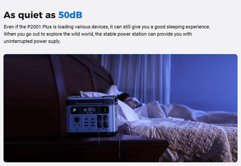 Přenosná napájecí stanice OUKITEL P2001 Plus, výstupní výkon 2400 W AC, baterie LiFePO4 2048 Wh, 13 zásuvek, nabití 80 % za 1 hodinu, chytré ovládání pomocí aplikace, nastavení výkonu 400 W/800 W/1200 W/1800 W, UPS 2000 W < 10 ms, max. solární vstup 500 W, krytí IP54 proti prachu a stříkající vodě