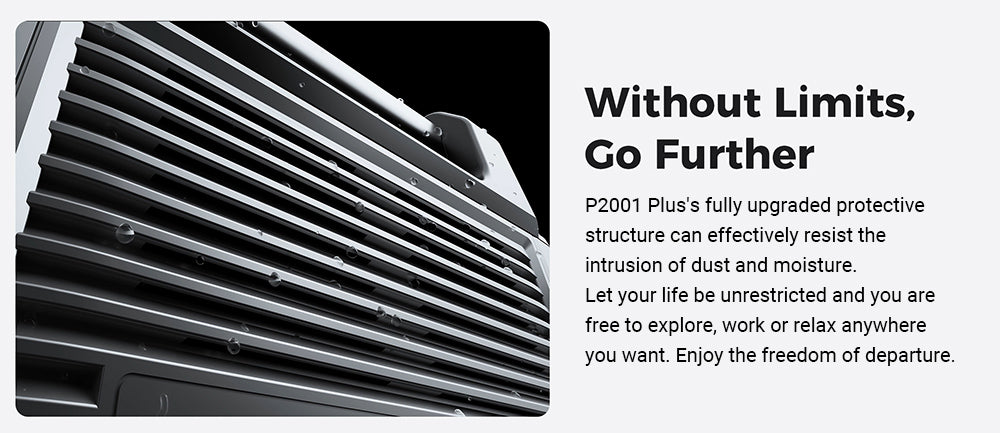 Přenosná napájecí stanice OUKITEL P2001 Plus, výstupní výkon 2400 W AC, baterie LiFePO4 2048 Wh, 13 zásuvek, nabití 80 % za 1 hodinu, chytré ovládání pomocí aplikace, nastavení výkonu 400 W/800 W/1200 W/1800 W, UPS 2000 W < 10 ms, max. solární vstup 500 W, krytí IP54 proti prachu a stříkající vodě