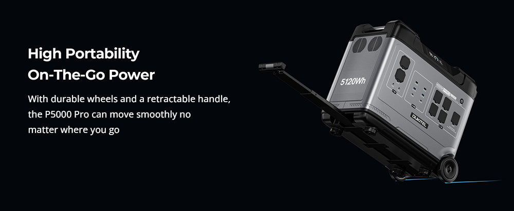 Přenosná napájecí stanice OUKITEL P5000 Pro, baterie LiFePO4 5120 W, výstupní výkon 4000 W, inteligentní regulace teploty, duální port USB-C 100 W, bezproblémové zálohování baterie UPS, 15 výstupů, ovládání aplikací, s kolečky