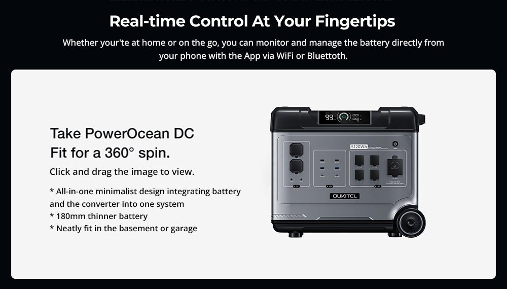 Přenosná napájecí stanice OUKITEL P5000 Pro, baterie LiFePO4 5120 W, výstupní výkon 4000 W, inteligentní regulace teploty, duální port USB-C 100 W, bezproblémové zálohování baterie UPS, 15 výstupů, ovládání aplikací, s kolečky