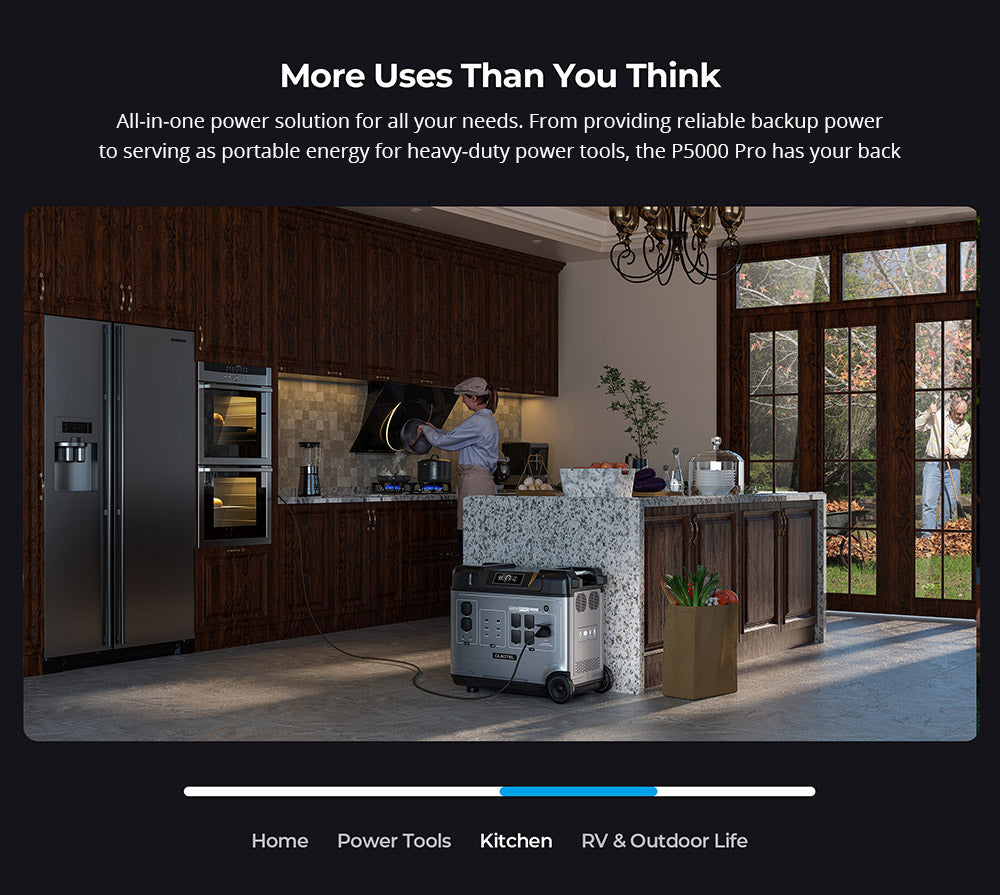 Přenosná napájecí stanice OUKITEL P5000 Pro, baterie LiFePO4 5120 W, výstupní výkon 4000 W, inteligentní regulace teploty, duální port USB-C 100 W, bezproblémové zálohování baterie UPS, 15 výstupů, ovládání aplikací, s kolečky