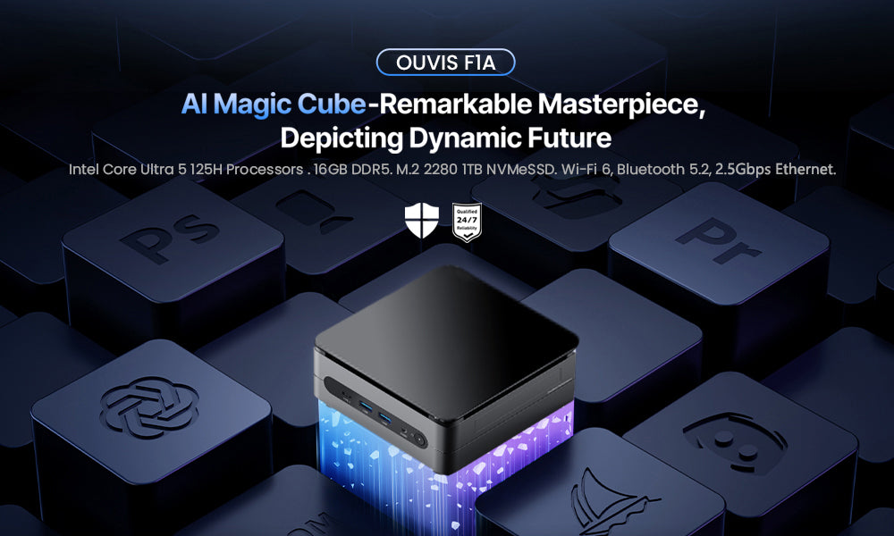 (AI PC) Herní mini PC OUVIS F1A, Intel AI Boost Core Ultra 5 125H 14 jader až 4,5 GHz, 16 GB DDR5 1 TB NVMe SSD, 2x HDMI 2.0 Type-C 4K@60Hz Trojitý displej, 4x USB 3.2, WiFi 6, 2,5 Gb/s LAN, TDP 65 W, Nejlepší stolní PC pro strojové učení, AI počítač