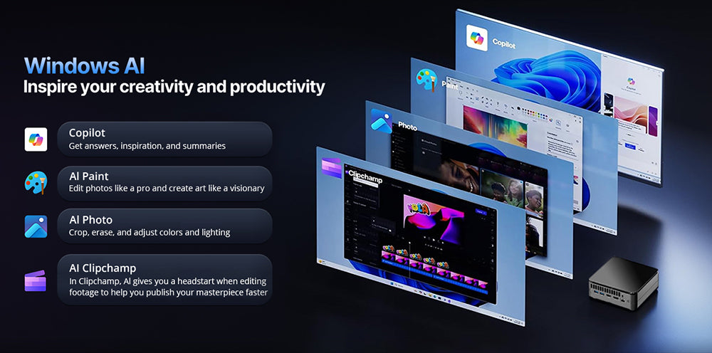 (AI PC) Herní mini PC OUVIS F1A, Intel AI Boost Core Ultra 5 125H 14 jader až 4,5 GHz, 16 GB DDR5 1 TB NVMe SSD, 2x HDMI 2.0 Type-C 4K@60Hz Trojitý displej, 4x USB 3.2, WiFi 6, 2,5 Gb/s LAN, TDP 65 W, Nejlepší stolní PC pro strojové učení, AI počítač