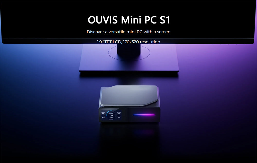 (Vylepšená verze 2024) Mini PC OUVIS S1 s LCD obrazovkou a RGB podsvícením, Intel Alder Lake N95 4 jádra až 3,4 GHz, 16 GB RAM 512 GB SSD, 2*HDMI 2.0 4K HD duální displej, WiFi 5 Bluetooth 4.2, 2*USB 3.0 2*USB 2.0 2*RJ45 - zástrčka EU