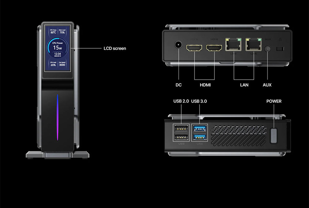 (Vylepšená verze 2024) Mini PC OUVIS S1 s LCD obrazovkou a RGB podsvícením, Intel Alder Lake N95 4 jádra až 3,4 GHz, 16 GB RAM 512 GB SSD, 2*HDMI 2.0 4K HD duální displej, WiFi 5 Bluetooth 4.2, 2*USB 3.0 2*USB 2.0 2*RJ45 - zástrčka EU