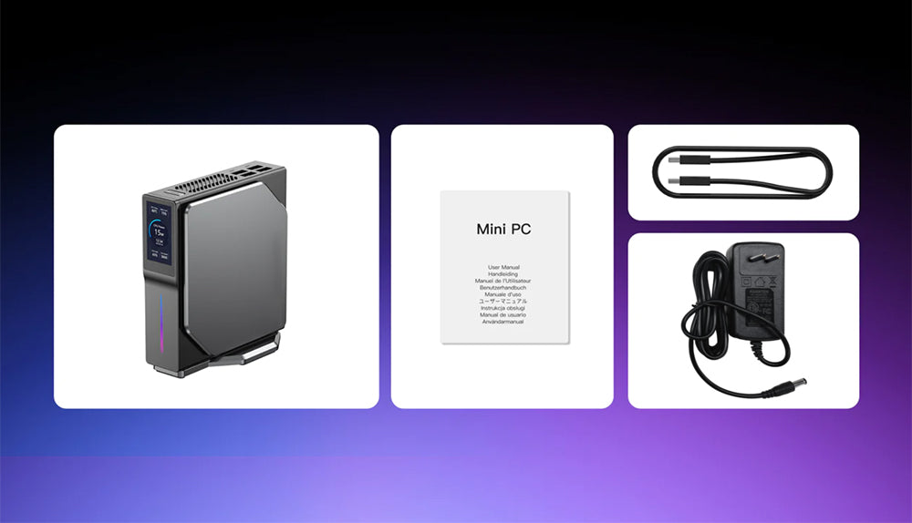 (Vylepšená verze 2024) Mini PC OUVIS S1 s LCD obrazovkou a RGB podsvícením, Intel Alder Lake N95 4 jádra až 3,4 GHz, 16 GB RAM 512 GB SSD, 2*HDMI 2.0 4K HD duální displej, WiFi 5 Bluetooth 4.2, 2*USB 3.0 2*USB 2.0 2*RJ45 - zástrčka EU