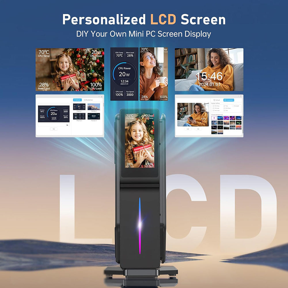 (Vylepšená verze 2024) Mini PC OUVIS S1 s LCD obrazovkou a RGB podsvícením, Intel Alder Lake N95 4 jádra až 3,4 GHz, 16 GB RAM 512 GB SSD, 2*HDMI 2.0 4K HD duální displej, WiFi 5 Bluetooth 4.2, 2*USB 3.0 2*USB 2.0 2*RJ45 - zástrčka EU