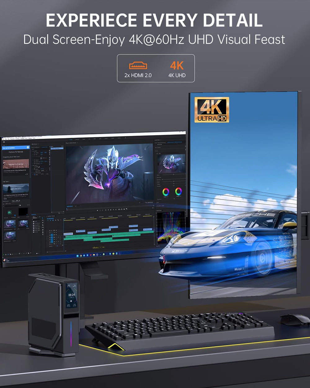 (Vylepšená verze 2024) Mini PC OUVIS S1 s LCD obrazovkou a RGB podsvícením, Intel Alder Lake N95 4 jádra až 3,4 GHz, 16 GB RAM 512 GB SSD, 2*HDMI 2.0 4K HD duální displej, WiFi 5 Bluetooth 4.2, 2*USB 3.0 2*USB 2.0 2*RJ45 - zástrčka EU