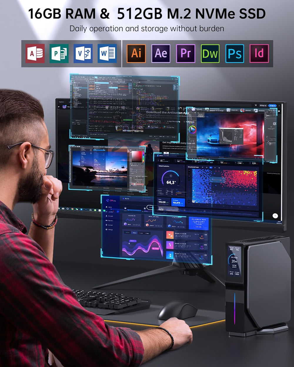 (Vylepšená verze 2024) Mini PC OUVIS S1 s LCD obrazovkou a RGB podsvícením, Intel Alder Lake N95 4 jádra až 3,4 GHz, 16 GB RAM 512 GB SSD, 2*HDMI 2.0 4K HD duální displej, WiFi 5 Bluetooth 4.2, 2*USB 3.0 2*USB 2.0 2*RJ45 - zástrčka EU