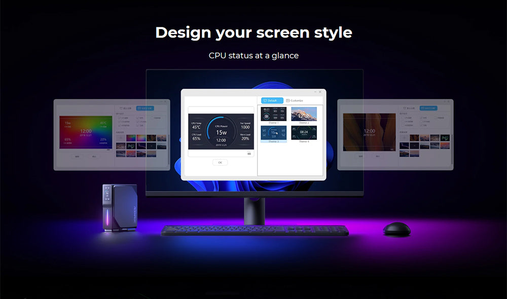 (Vylepšená verze 2024) Mini PC OUVIS S1 s LCD obrazovkou a RGB podsvícením, Intel Alder Lake N95 4 jádra až 3,4 GHz, 16 GB RAM 512 GB SSD, 2*HDMI 2.0 4K HD duální displej, WiFi 5 Bluetooth 4.2, 2*USB 3.0 2*USB 2.0 2*RJ45 - zástrčka EU