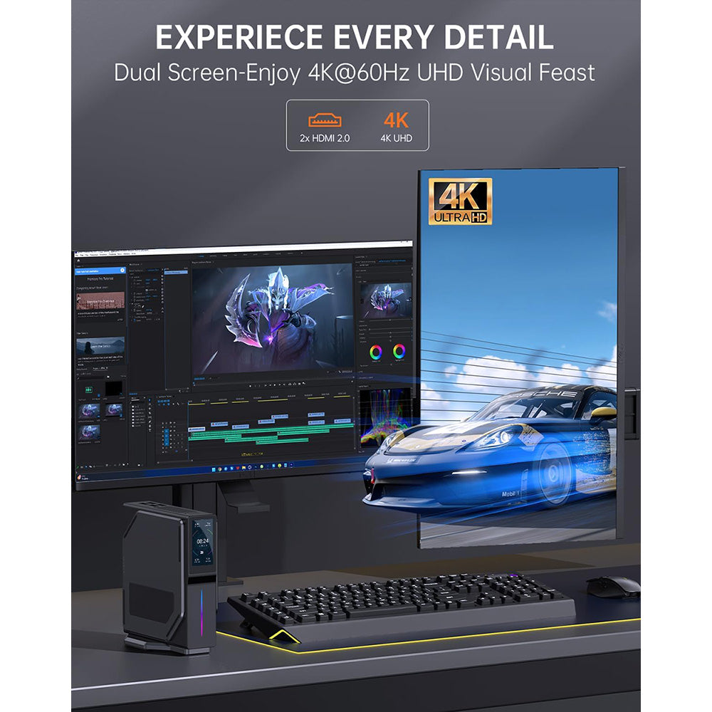 (2024 Upgraded Version) OUVIS S1 Mini PC with LCD Screen RGB Light, Intel Alder Lake N95 4 Cores Up to 3.4GHz, 16GB RAM 512GB SSD, 2*HDMI 2.0 4K HD Dual Display, WiFi 5 Bluetooth 4.2, 2*USB 3.0 2*USB 2.0 2*RJ45 - EU Plug