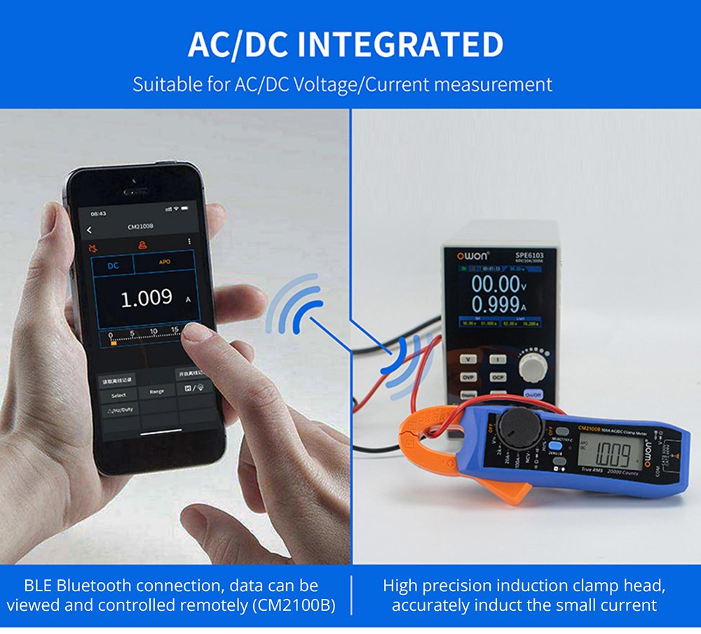 Klešťový měřič OWON CM2100, True RMS 20000 číslic, automatické přepínání rozsahu, měření NCV/VFC/diod