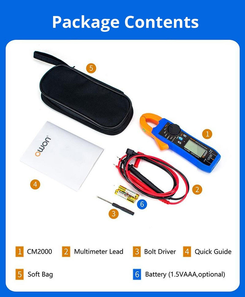 Klešťový měřič OWON CM2100, True RMS 20000 číslic, automatické přepínání rozsahu, měření NCV/VFC/diod