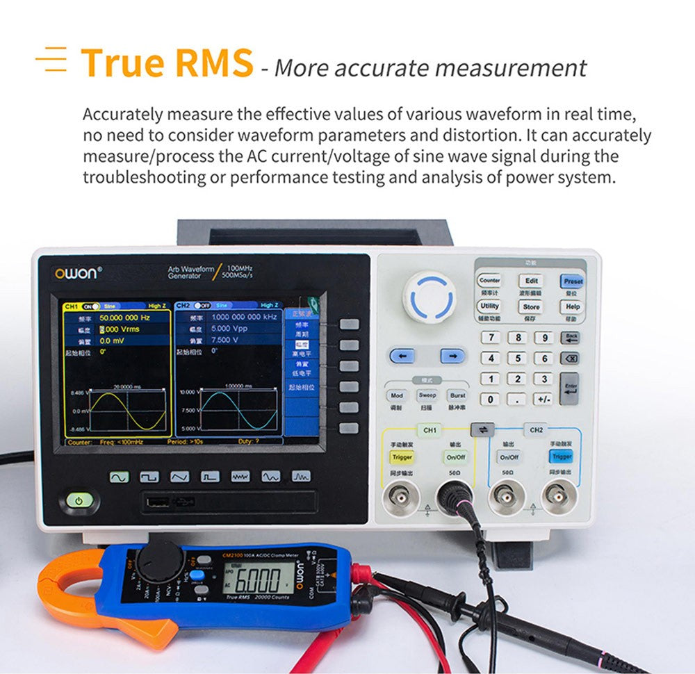 Klešťový měřič OWON CM2100, True RMS 20000 číslic, automatické přepínání rozsahu, měření NCV/VFC/diod