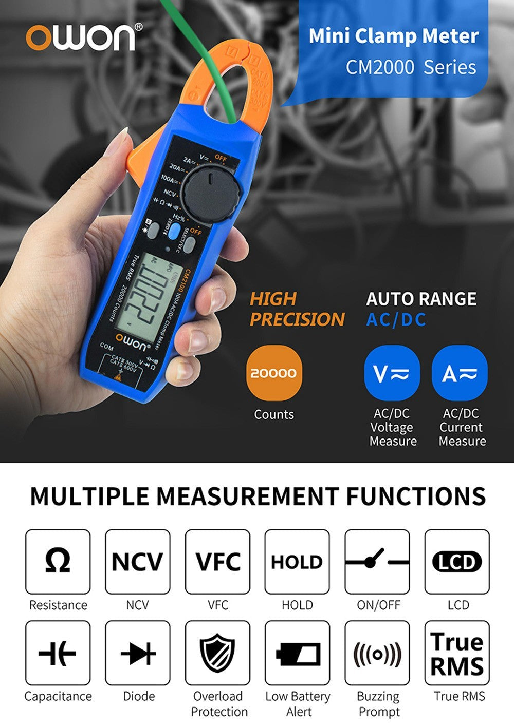 Klešťový měřič OWON CM2100B s modulem Bluetooth, True RMS 20000 číslic, automatické přepínání rozsahu, měření NCV/VFC/diod, funkce alarmu