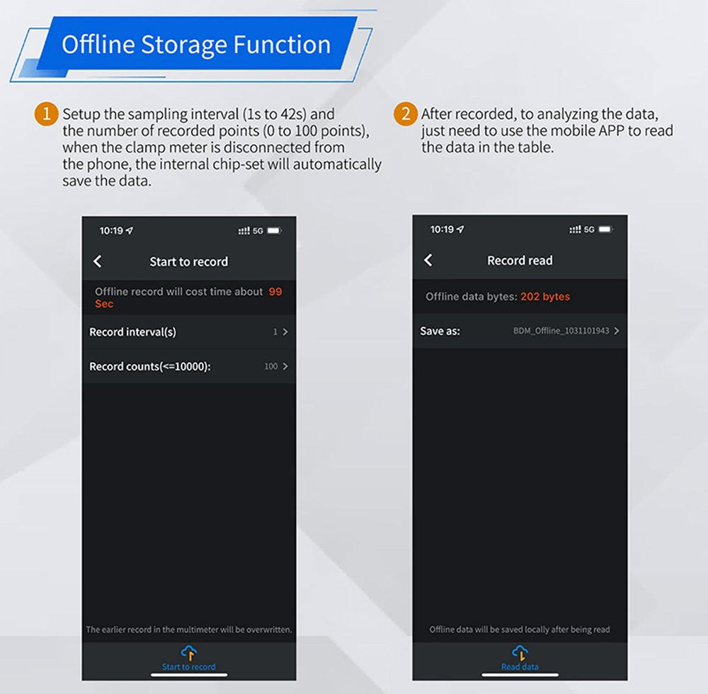 Klešťový měřič OWON CM2100B s modulem Bluetooth, True RMS 20000 číslic, automatické přepínání rozsahu, měření NCV/VFC/diod, funkce alarmu