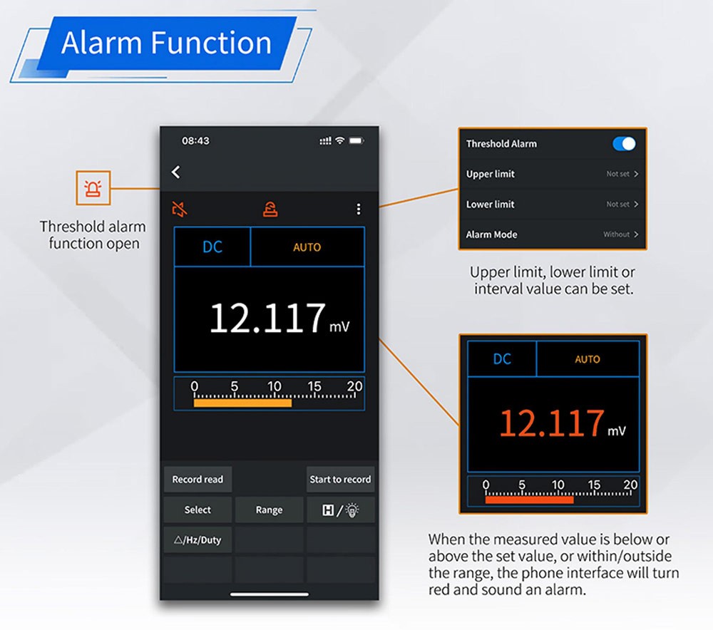 Klešťový měřič OWON CM2100B s modulem Bluetooth, True RMS 20000 číslic, automatické přepínání rozsahu, měření NCV/VFC/diod, funkce alarmu