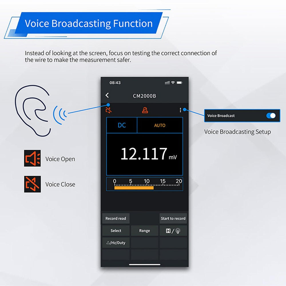 Klešťový měřič OWON CM2100B s modulem Bluetooth, True RMS 20000 číslic, automatické přepínání rozsahu, měření NCV/VFC/diod, funkce alarmu