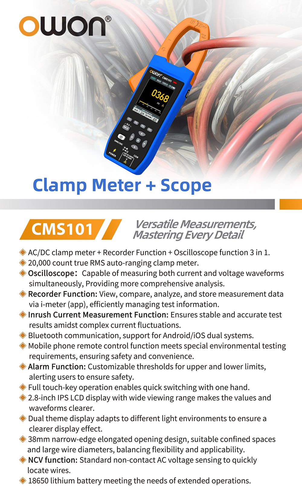 OWON CMS101 3v1 digitální klešťový měřič, 1000A AC/DC, funkce záznamníku a osciloskopu, 20000 číslic