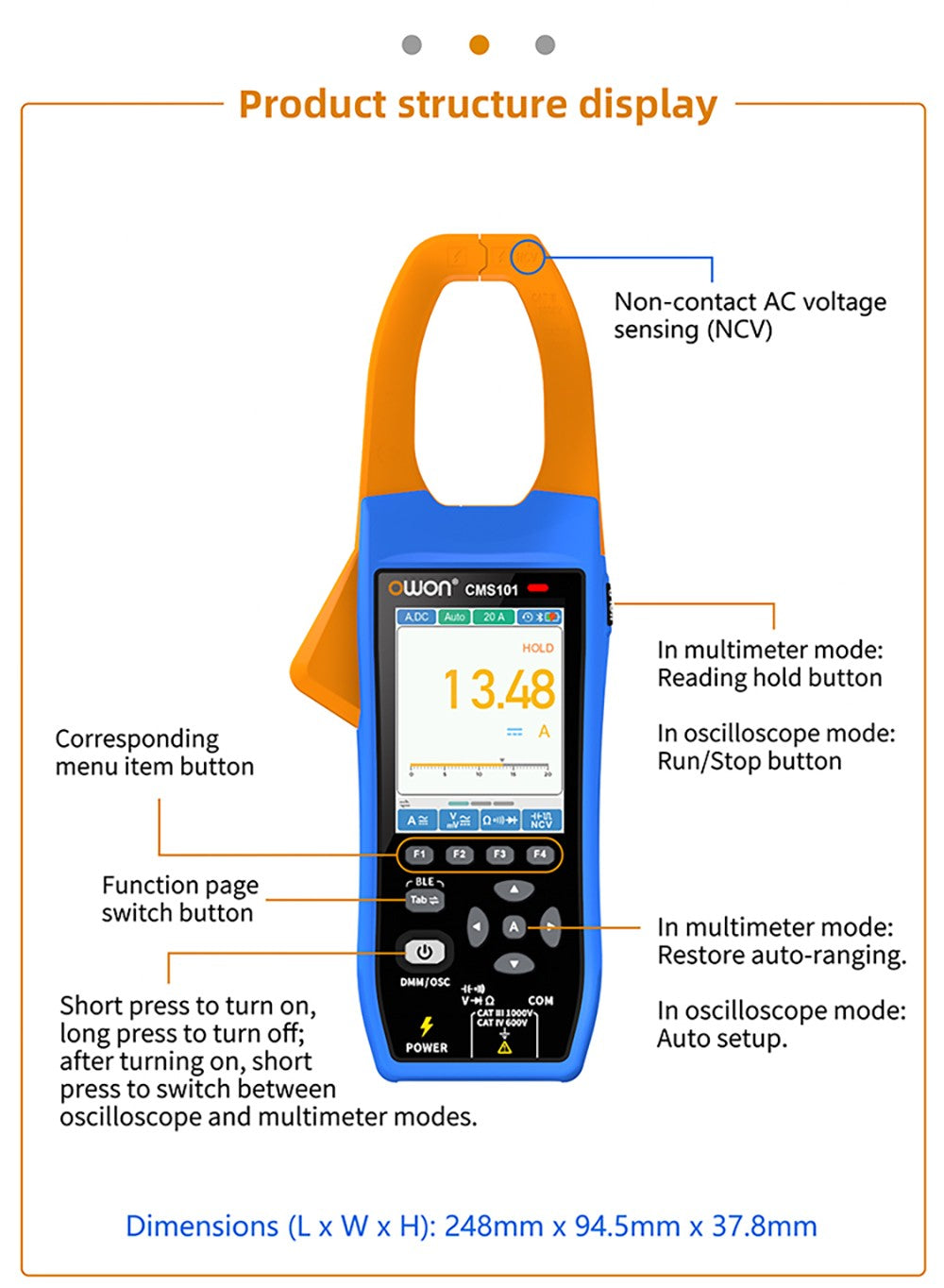 OWON CMS101 3v1 digitální klešťový měřič, 1000A AC/DC, funkce záznamníku a osciloskopu, 20000 číslic