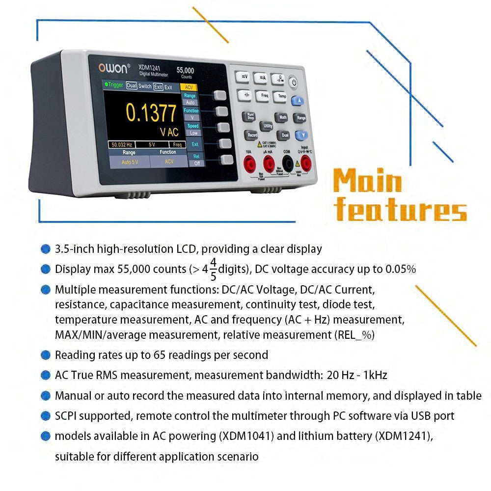 Digitální multimetr OWON XDM1241 s bateriovým napájením, 55000 číslic, True RMS, vysoká přesnost, s 3,5palcovým TFT LCD displejem