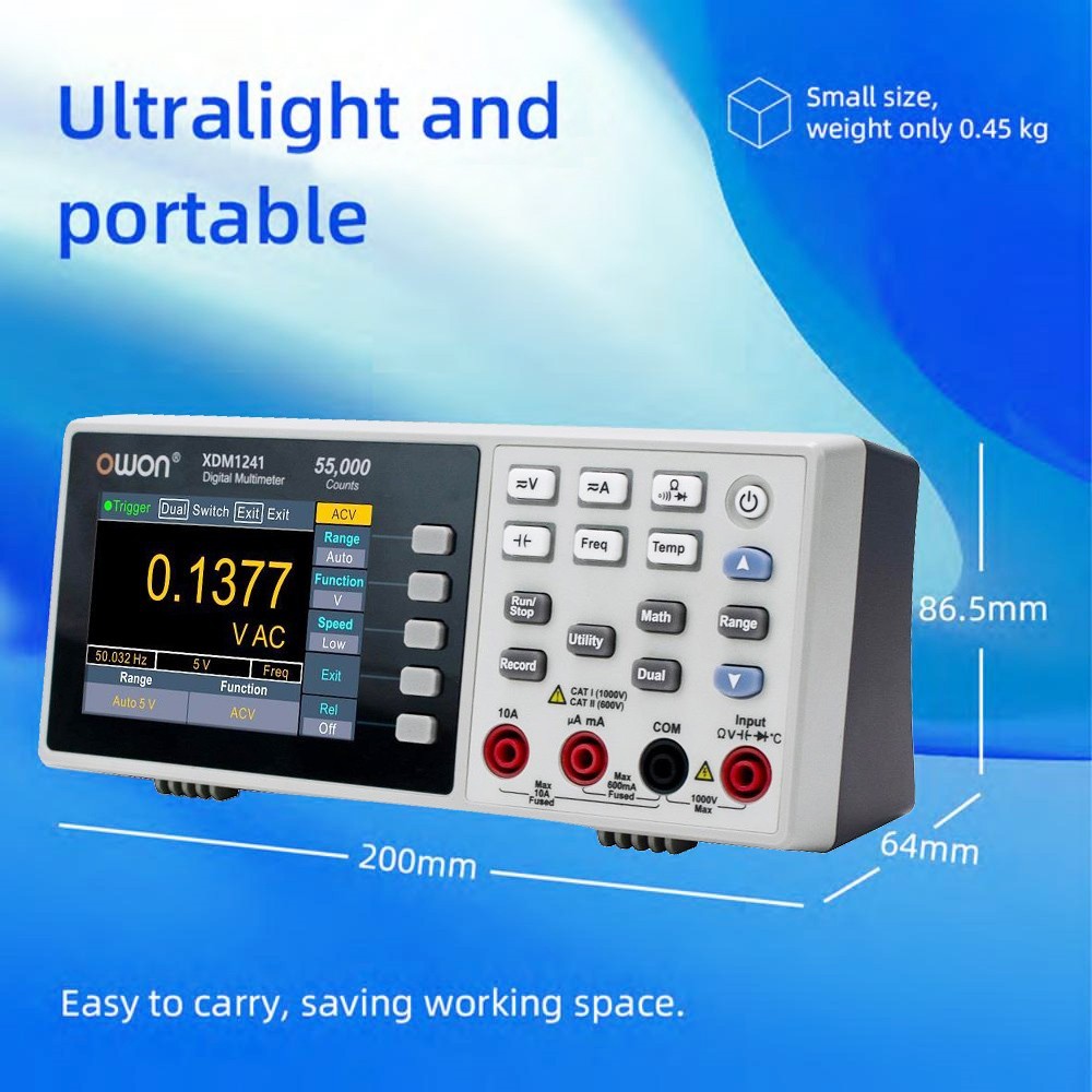 Digitální multimetr OWON XDM1241 s bateriovým napájením, 55000 číslic, True RMS, vysoká přesnost, s 3,5palcovým TFT LCD displejem