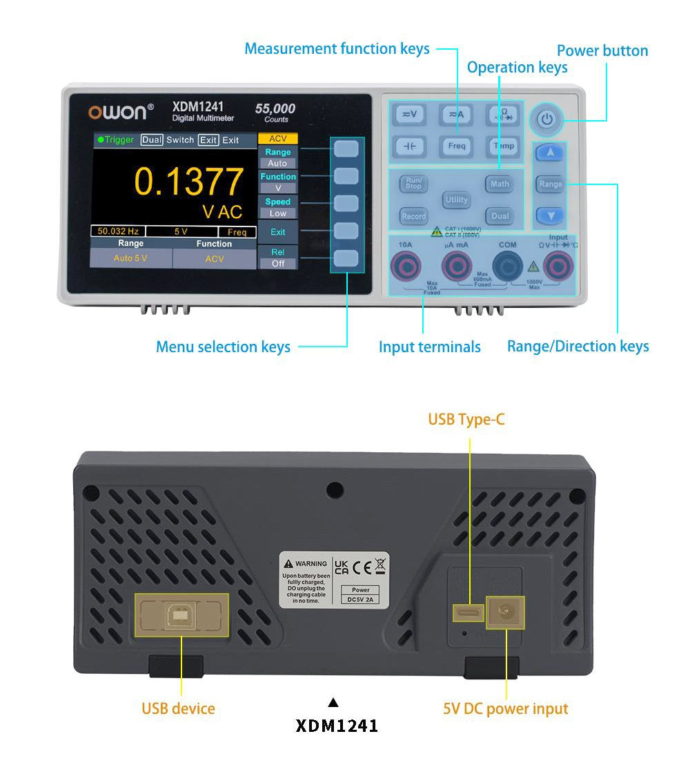 Digitální multimetr OWON XDM1241 s bateriovým napájením, 55000 číslic, True RMS, vysoká přesnost, s 3,5palcovým TFT LCD displejem