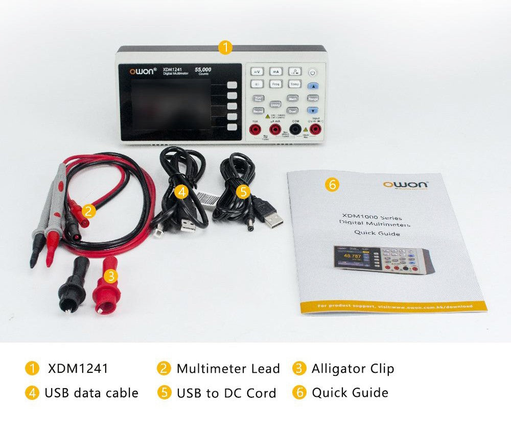 Digitální multimetr OWON XDM1241 s bateriovým napájením, 55000 číslic, True RMS, vysoká přesnost, s 3,5palcovým TFT LCD displejem