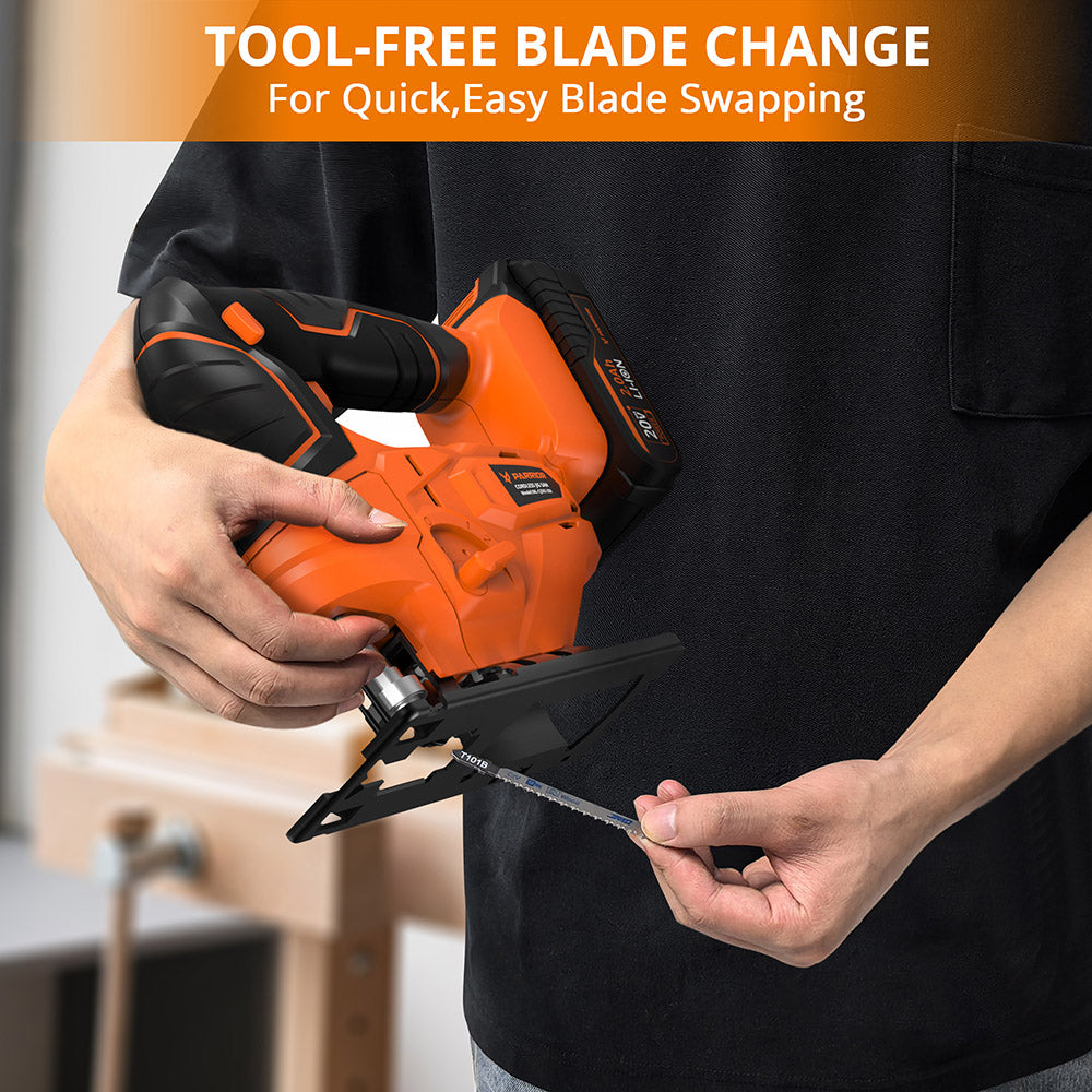 Elektrická přímočará pila Parrior CJS03 20V, s 2Ah baterií, otáčky 2700 ot./min, hloubka řezu dřeva a kovu 80 mm/5 mm (3,15