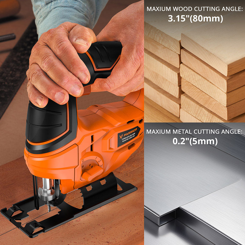 Elektrická přímočará pila Parrior CJS03 20V, s 2Ah baterií, otáčky 2700 ot./min, hloubka řezu dřeva a kovu 80 mm/5 mm (3,15