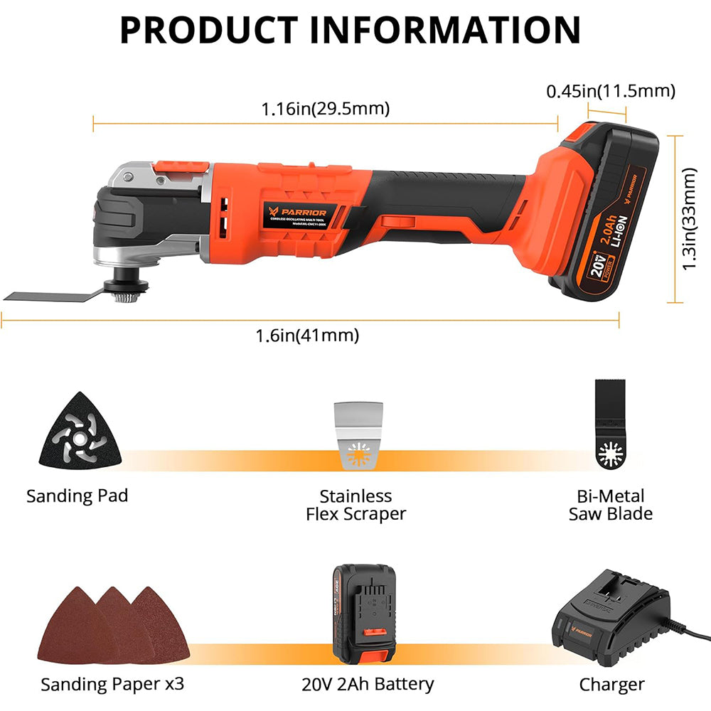 Oscilační pila Parrior CMC11 20V, LED světlo, 6 variabilních rychlostí, 8000–20000 ot./min, úhel oscilace 3,2°, baterie 2Ah, pro řezání, broušení, škrábání a broušení