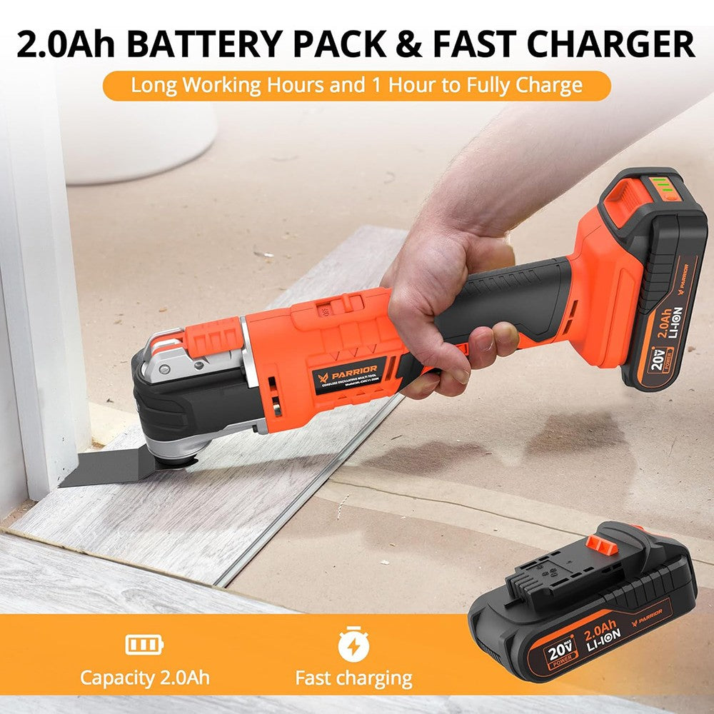 Oscilační pila Parrior CMC11 20V, LED světlo, 6 variabilních rychlostí, 8000–20000 ot./min, úhel oscilace 3,2°, baterie 2Ah, pro řezání, broušení, škrábání a broušení