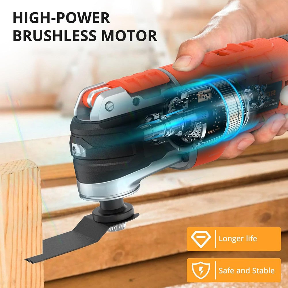 Oscilační pila Parrior CMC11 20V, LED světlo, 6 variabilních rychlostí, 8000–20000 ot./min, úhel oscilace 3,2°, baterie 2Ah, pro řezání, broušení, škrábání a broušení