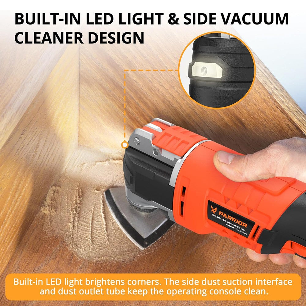 Oscilační pila Parrior CMC11 20V, LED světlo, 6 variabilních rychlostí, 8000–20000 ot./min, úhel oscilace 3,2°, baterie 2Ah, pro řezání, broušení, škrábání a broušení