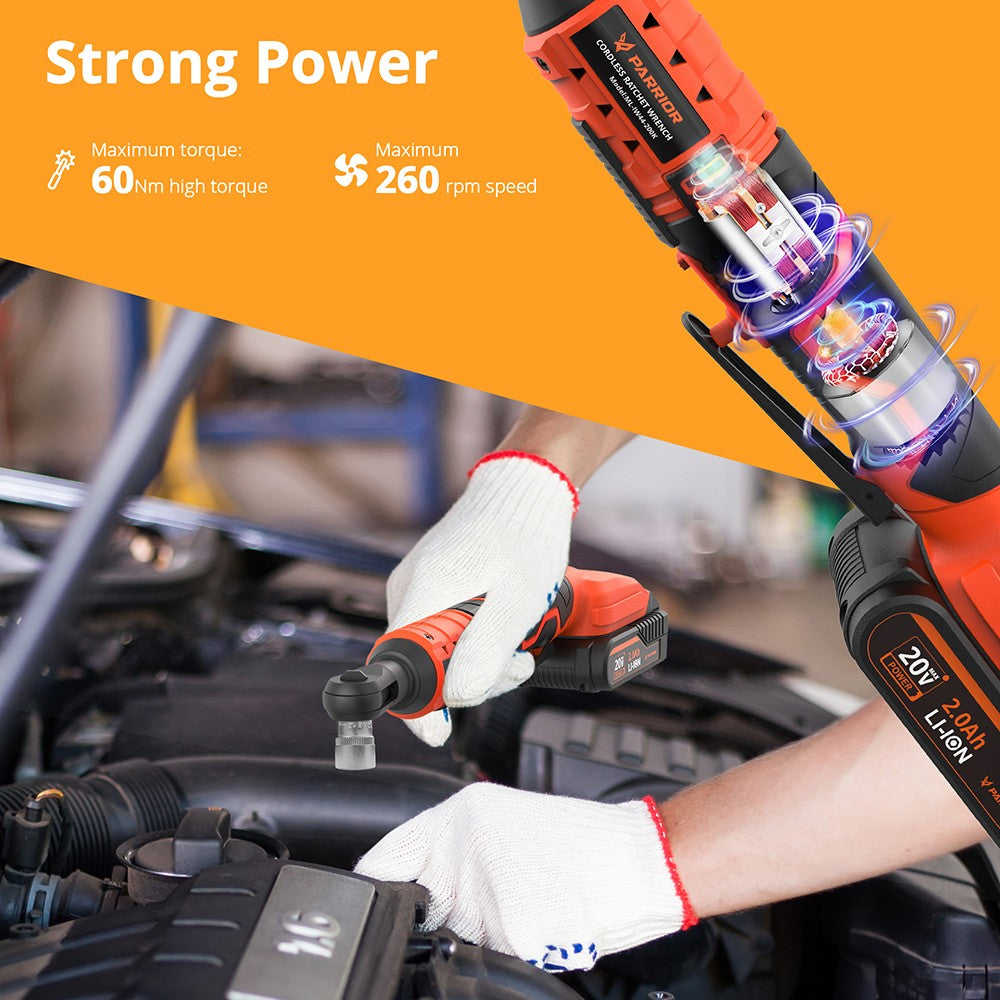 Akumulátorový elektrický ráčnový klíč Parrior IW44 20V, max. krouticí moment 60Nm, otáčky 260 ot./min, vstupní napětí 20V, s lithiovou baterií 2000mAh