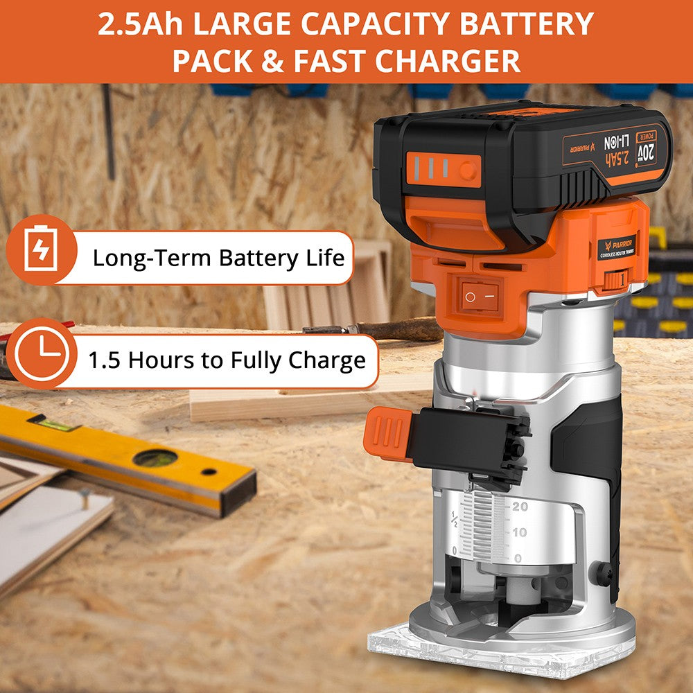 Akumulátorová vyžínací frézka Parrior PR01 20V, s baterií 2,5 Ah, 6 digitálních rychlostí od 10 000 do 30 000 ot./min, LED světlo