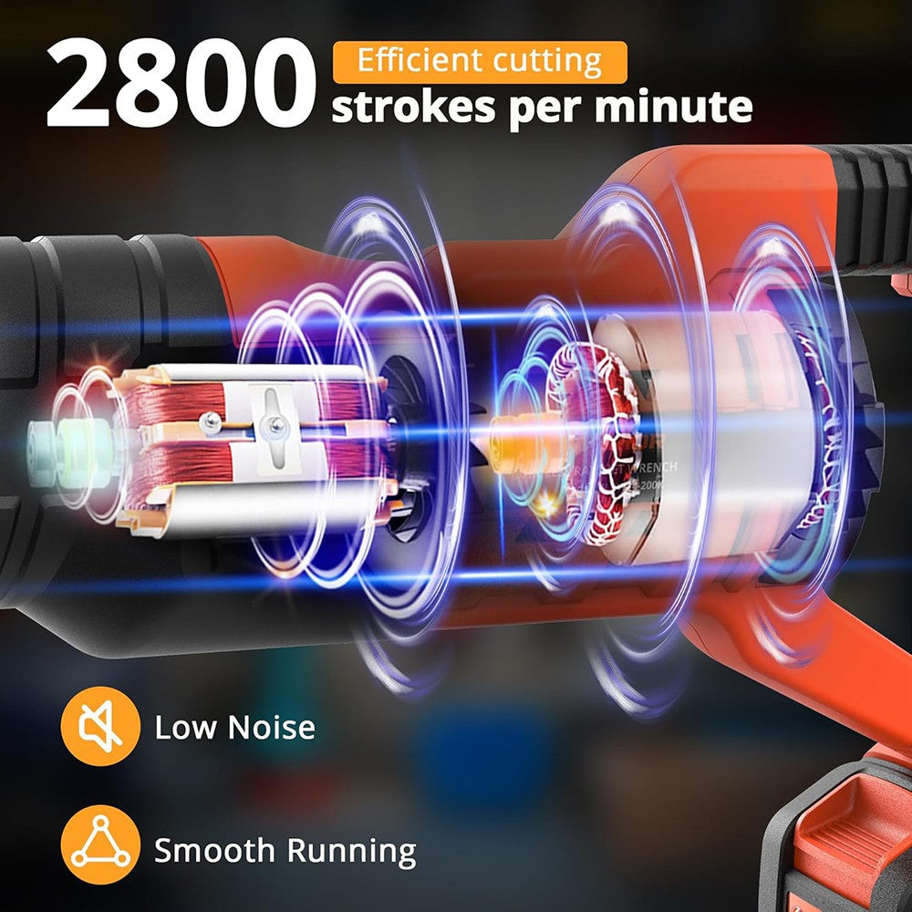 Akumulátorová ocasní pila Parrior RS18 20V, variabilní rychlost 0–2800 ot./min, LED světlo, nízká hlučnost, plynulý chod, výměna pilového pásu bez nářadí