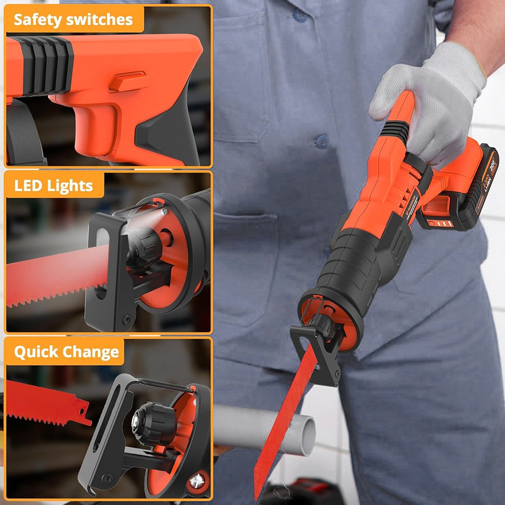 Akumulátorová ocasní pila Parrior RS18 20V, variabilní rychlost 0–2800 ot./min, LED světlo, nízká hlučnost, plynulý chod, výměna pilového pásu bez nářadí