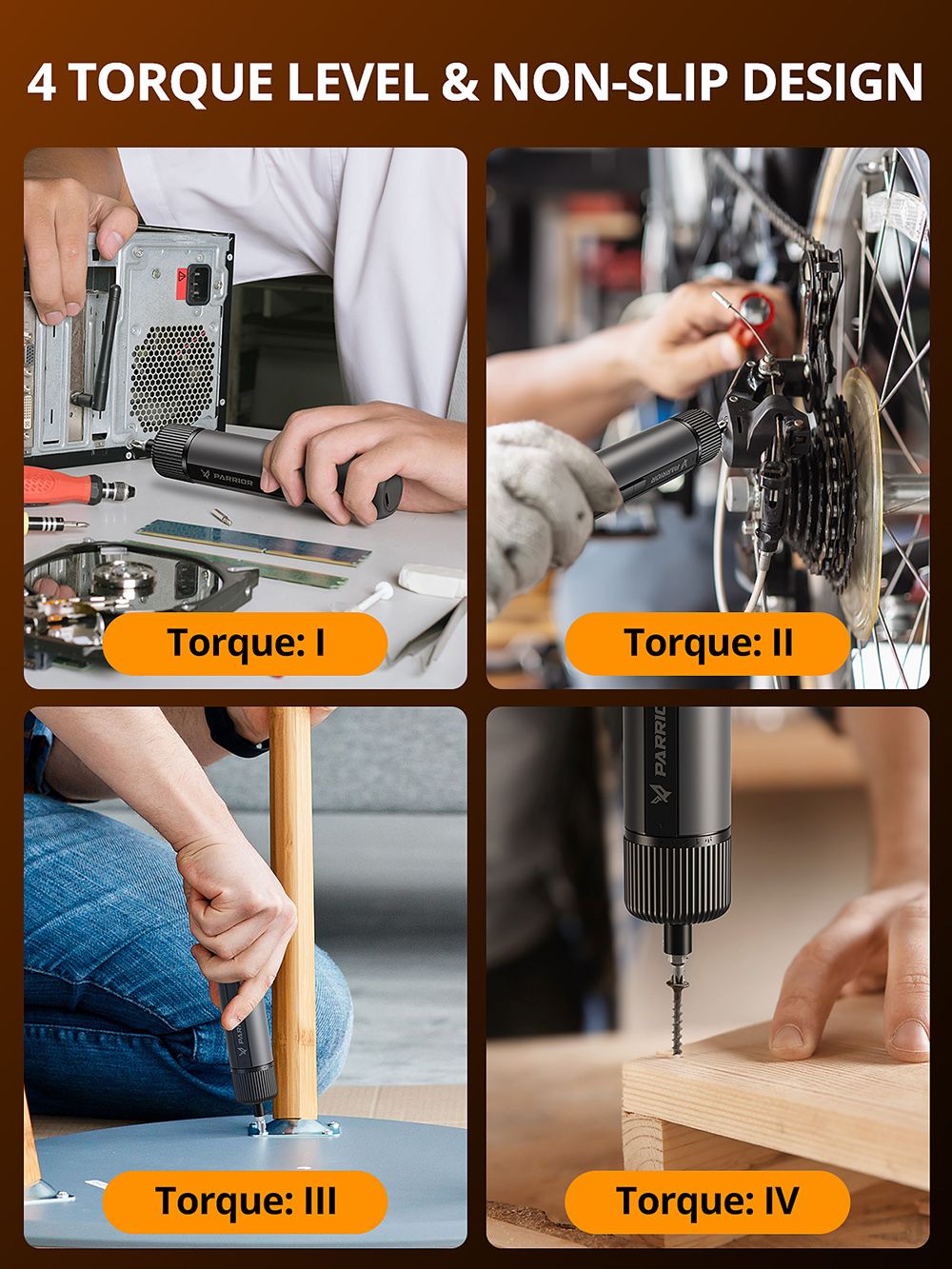 Parrior S121 4V elektrický akumulátorový šroubovák, max. 8Nm vysoký točivý moment se 4 úrovněmi regulace, dobíjecí baterie 2200mAh s velkou kapacitou, LED pracovní světlo, otáčky 260 ot./min.