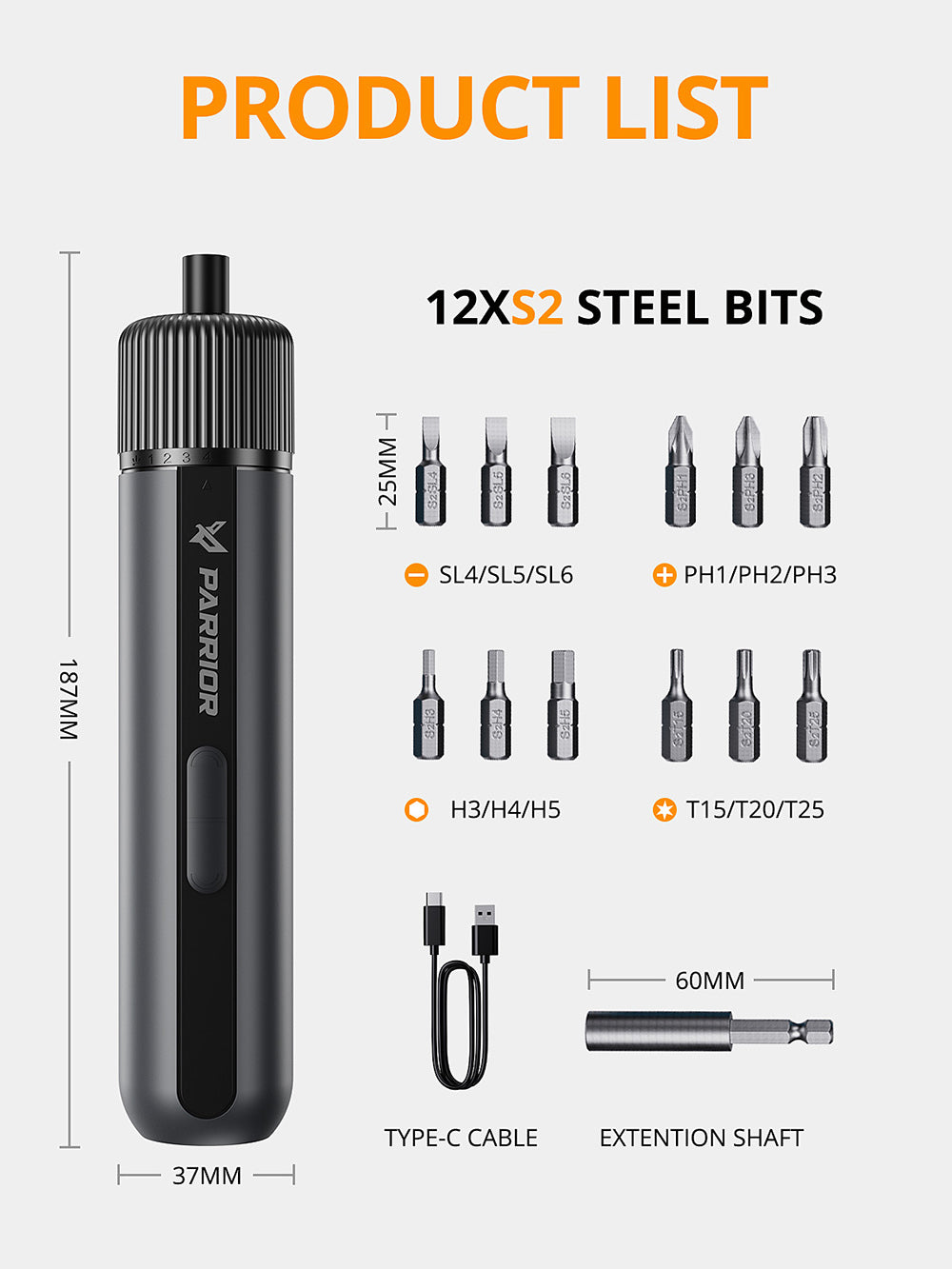 Parrior S121 4V elektrický akumulátorový šroubovák, max. 8Nm vysoký točivý moment se 4 úrovněmi regulace, dobíjecí baterie 2200mAh s velkou kapacitou, LED pracovní světlo, otáčky 260 ot./min.