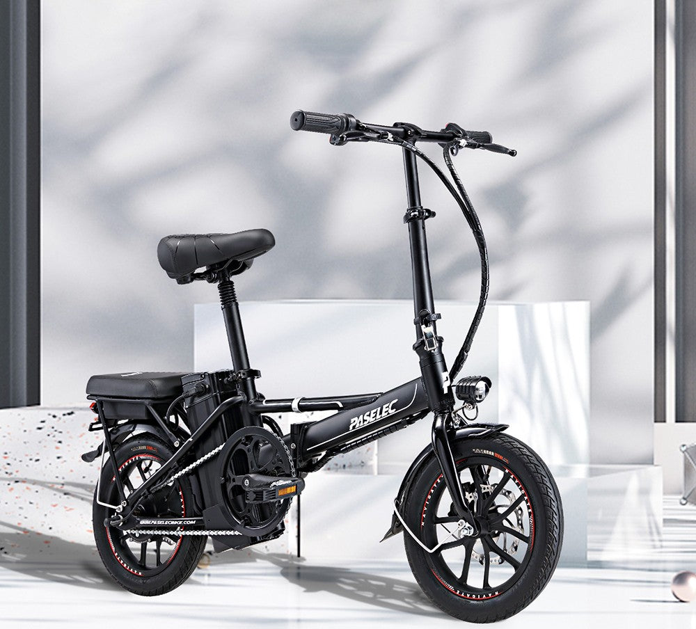 Skládací elektrokolo PASELEC Mini, motor 400 W, baterie 48 V 13 Ah, pneumatiky 14*1,95 palce, maximální rychlost 40 km/h, dojezd 60 km, mechanické kotoučové brzdy, přední vidlice z hliníkové slitiny, LED displej - šedé
